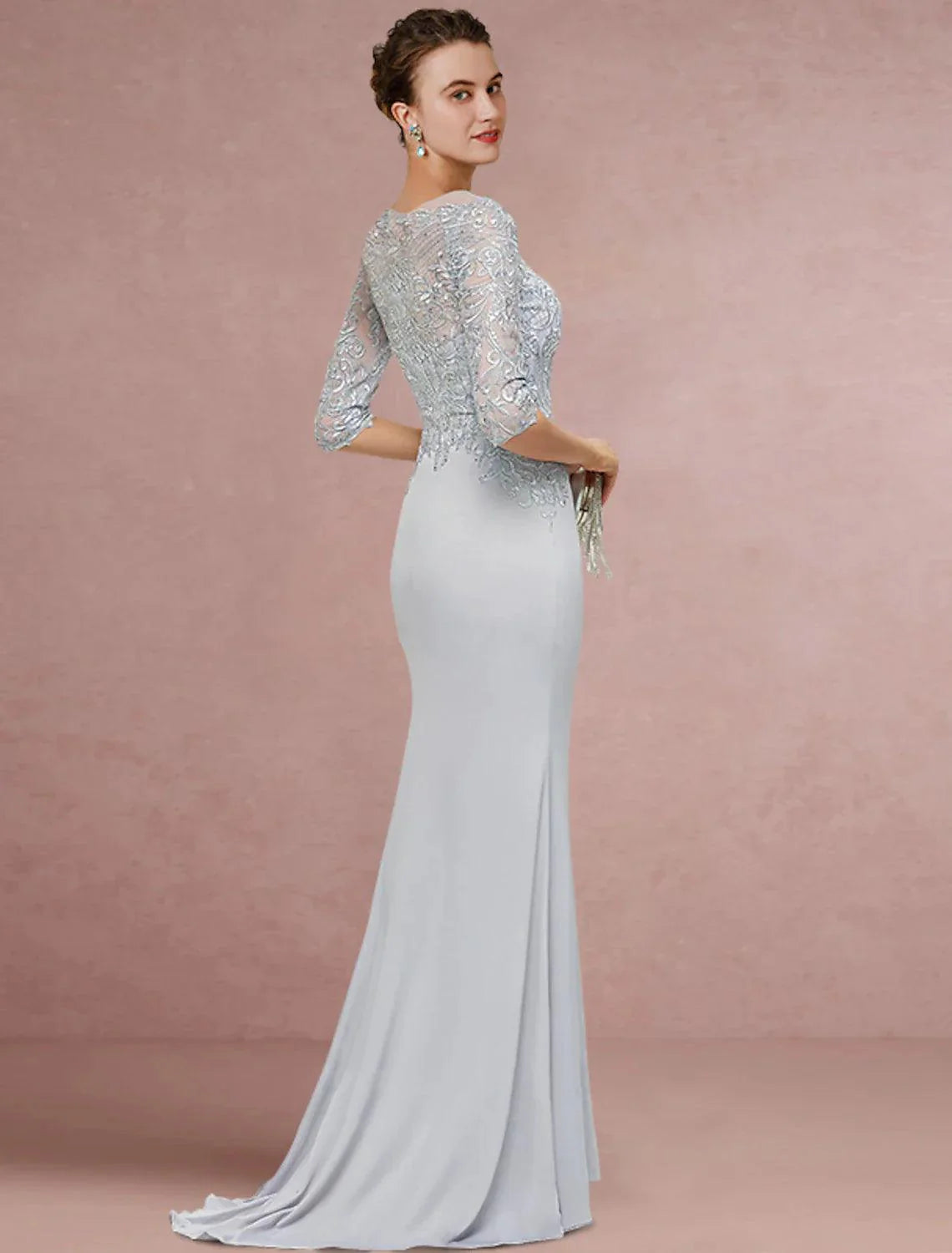 Vestido tubinho/coluna para mãe da noiva, convidada de casamento, vintage, elegante, decote redondo, cauda longa/escova, chiffon, renda, meia manga com lantejoulas