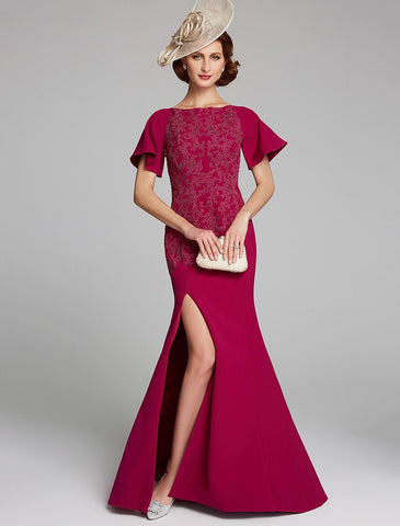 Meerjungfrau/Trompete Kleid für die Brautmutter, U-Boot-Ausschnitt, bodenlang, Chiffon, Spitze, kurze Ärmel mit Spitze, Schlitz vorne