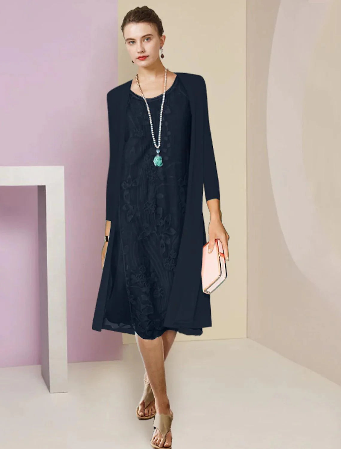 Vestido de mãe da noiva de duas peças, bainha/coluna, formal, para convidada de casamento, elegante, decote redondo, comprimento até ao joelho, chiffon, renda, meia manga, vestidos com aplicações