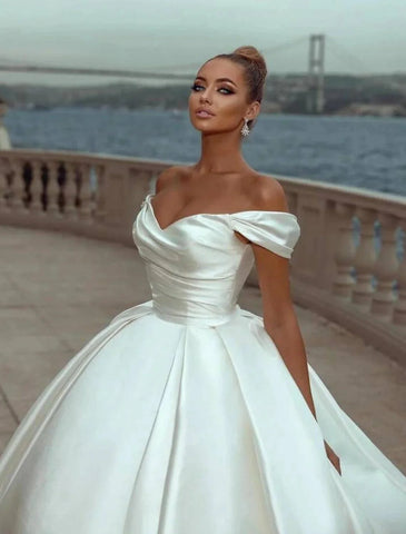Verlobungs- und formelle Brautkleider, Ballkleid, schulterfrei, Flügelärmel, Hofschleppe, Satin, kirchliche Brautkleider mit geraffter, einfarbiger Sommer-/Herbsthochzeitsfeier