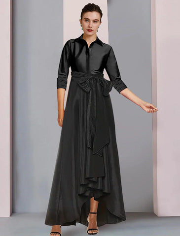 Kleid für die Brautmutter, elegant, Übergröße, hoher niedriger Hemdkragen, asymmetrisch, bodenlang, Satin, 3/4-Ärmel, mit Schärpe/Band, Schleife(n), Falten, Kleid für die Brautmutter