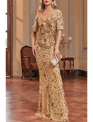 Meerjungfrau/Trompete Kleid für die Brautmutter, Hochzeitsgast, Sparkle &amp; Shine, elegant, V-Ausschnitt, bodenlang, Pailletten, kurze Ärmel mit Paillettenblume