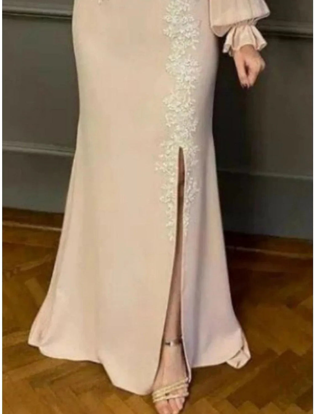 Vestido de festa para mãe da noiva, elegante, ombro descoberto, comprimento até ao chão, chiffon, renda, manga comprida, com racha frontal