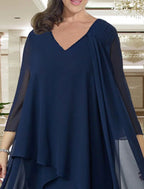 Vestido de mãe da noiva estilo tubo/coluna, tamanho grande, elegante, decote em V, comprimento até ao joelho, chiffon, manga 3/4, com folhos e missangas