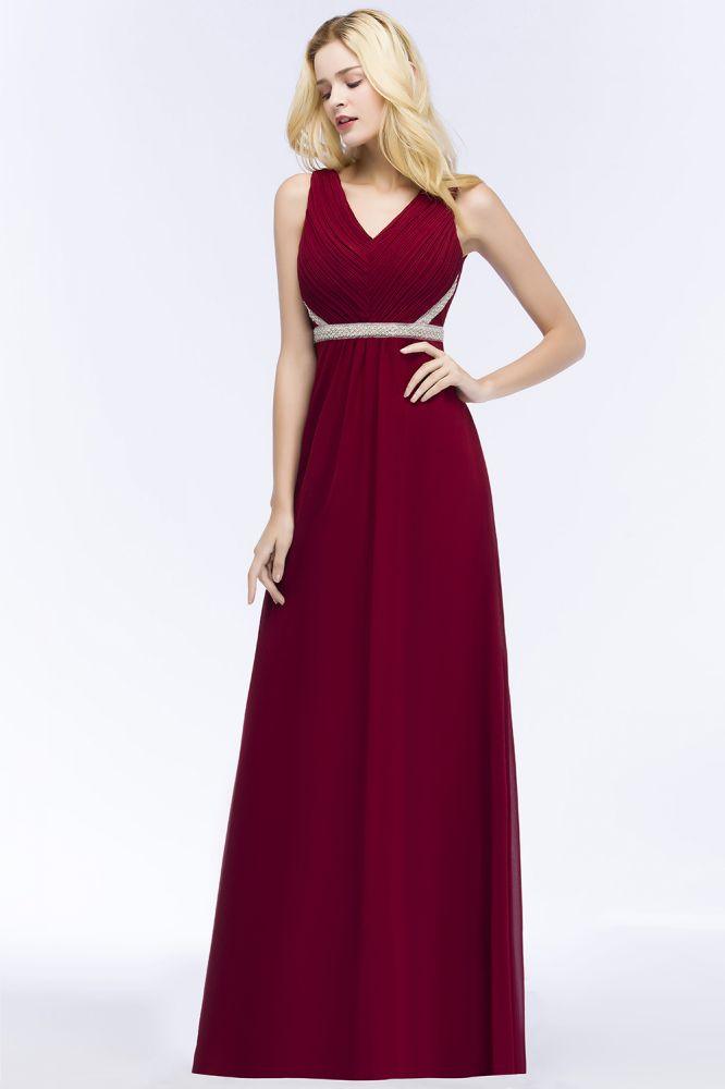 Plus Size A-line V-neck Long Sleeveless Ruffled Chiffon Bridesmaid Dresses with Beading Sash
