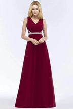 Plus Size A-line V-neck Long Sleeveless Ruffled Chiffon Bridesmaid Dresses with Beading Sash by misshow.com