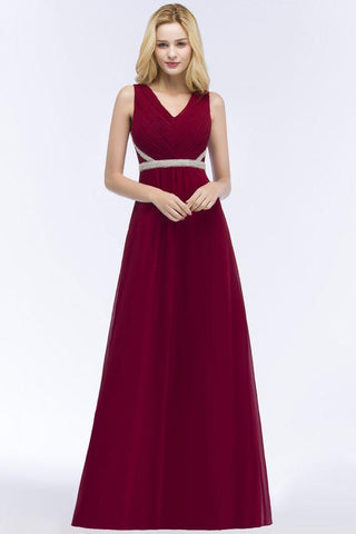 Plus Size A-Linie V-Ausschnitt Langes ärmelloses Chiffon-Brautjungfernkleid mit Rüschen und Perlenbesatz