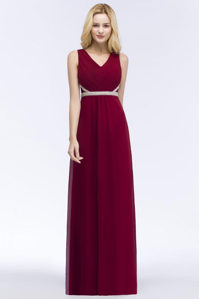Plus Size A-line V-neck Long Sleeveless Ruffled Chiffon Bridesmaid Dresses with Beading Sash