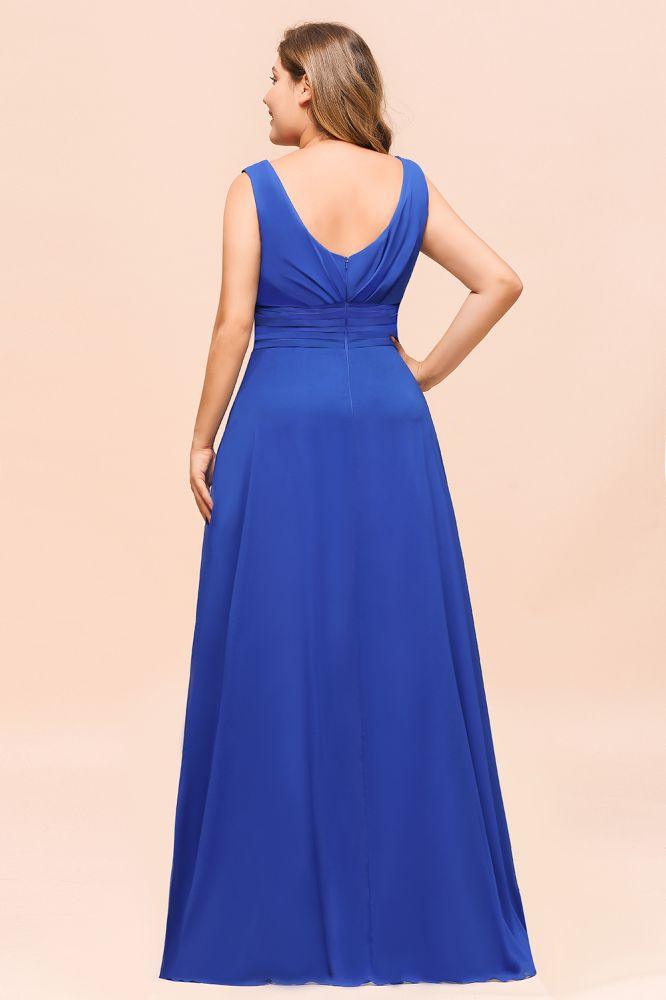Vestido de dama de honor plus size em chiffon sem mangas azul royal com decote em V e vestido de noiva simples