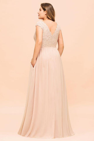 Plus Size Spitze Perlenrosa Brautjungfernkleid Kurze Ärmel Seitlich geschlitztes Hochzeitspartykleid