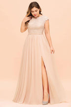 Plus Size Lace Pearl Pink Bridesmaid Dress Short Sleeves Side Split Wedding Party Dress