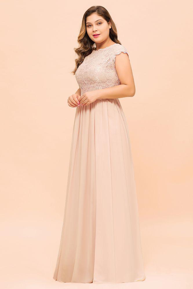 Plus Size Lace Pearl Pink Bridesmaid Dress Short Sleeves Side Split Wedding Party Dress