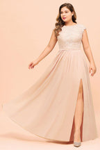 Plus Size Lace Pearl Pink Bridesmaid Dress Short Sleeves Side Split Wedding Party Dress