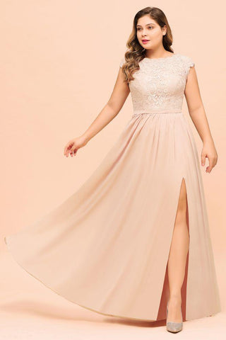 Plus Size Spitze Perlenrosa Brautjungfernkleid Kurze Ärmel Seitlich geschlitztes Hochzeitspartykleid
