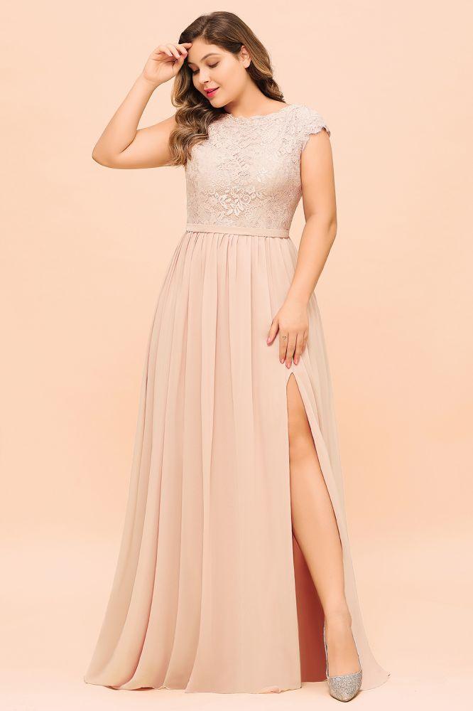 Plus Size Lace Pearl Pink Bridesmaid Dress Short Sleeves Side Split Wedding Party Dress