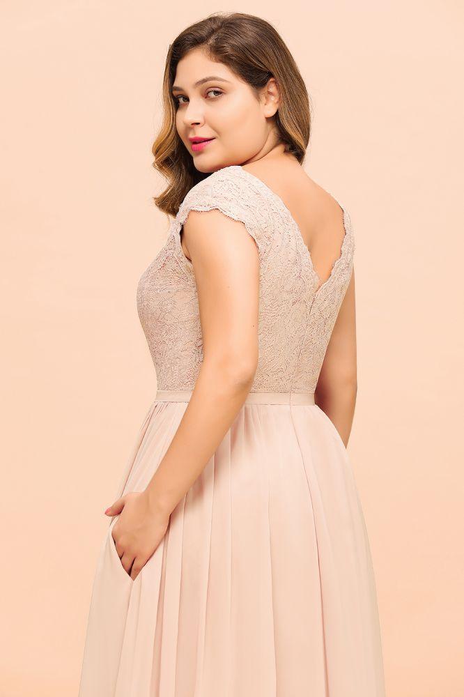 Plus Size Lace Pearl Pink Bridesmaid Dress Short Sleeves Side Split Wedding Party Dress