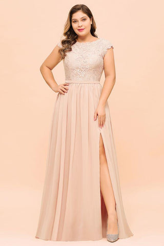 Plus Size Spitze Perlenrosa Brautjungfernkleid Kurze Ärmel Seitlich geschlitztes Hochzeitspartykleid