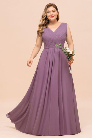 Plus Size Lila Brautjungfernkleid Maxi Chiffon Hochzeitsgastkleid