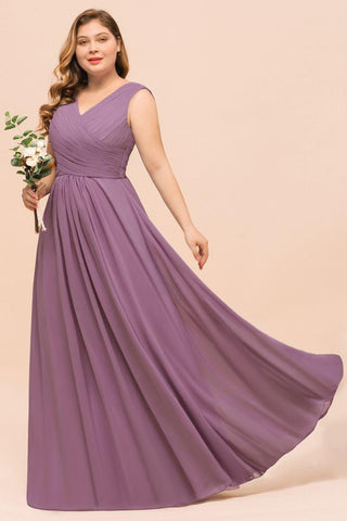 Plus Size Lila Brautjungfernkleid Maxi Chiffon Hochzeitsgastkleid