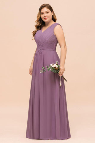 Plus Size Lila Brautjungfernkleid Maxi Chiffon Hochzeitsgastkleid