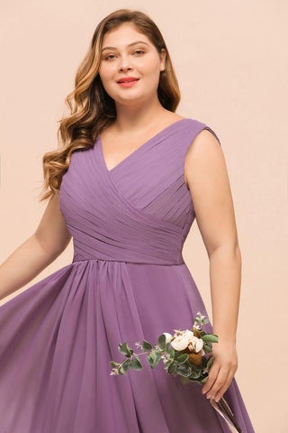 Plus Size Lila Brautjungfernkleid Maxi Chiffon Hochzeitsgastkleid