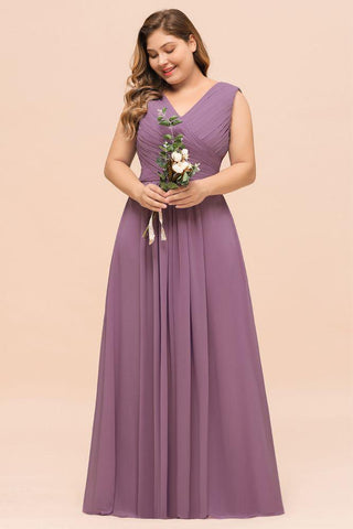 Plus Size Lila Brautjungfernkleid Maxi Chiffon Hochzeitsgastkleid