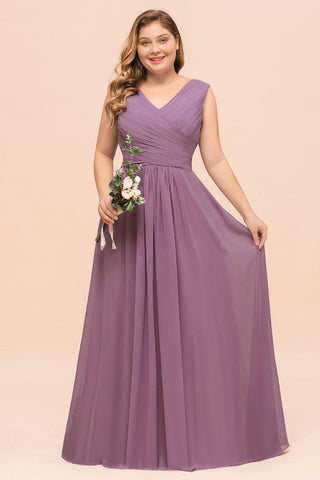 Plus Size Lila Brautjungfernkleid Maxi Chiffon Hochzeitsgastkleid