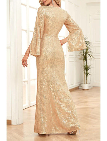 Meerjungfrau/Trompete Kleid für die Brautmutter, Hochzeitsgast, Party, Glitzer und Glanz, U-Ausschnitt, V-Ausschnitt, bodenlang, mit Pailletten, 3/4-Ärmel mit Rüschen, einfarbig