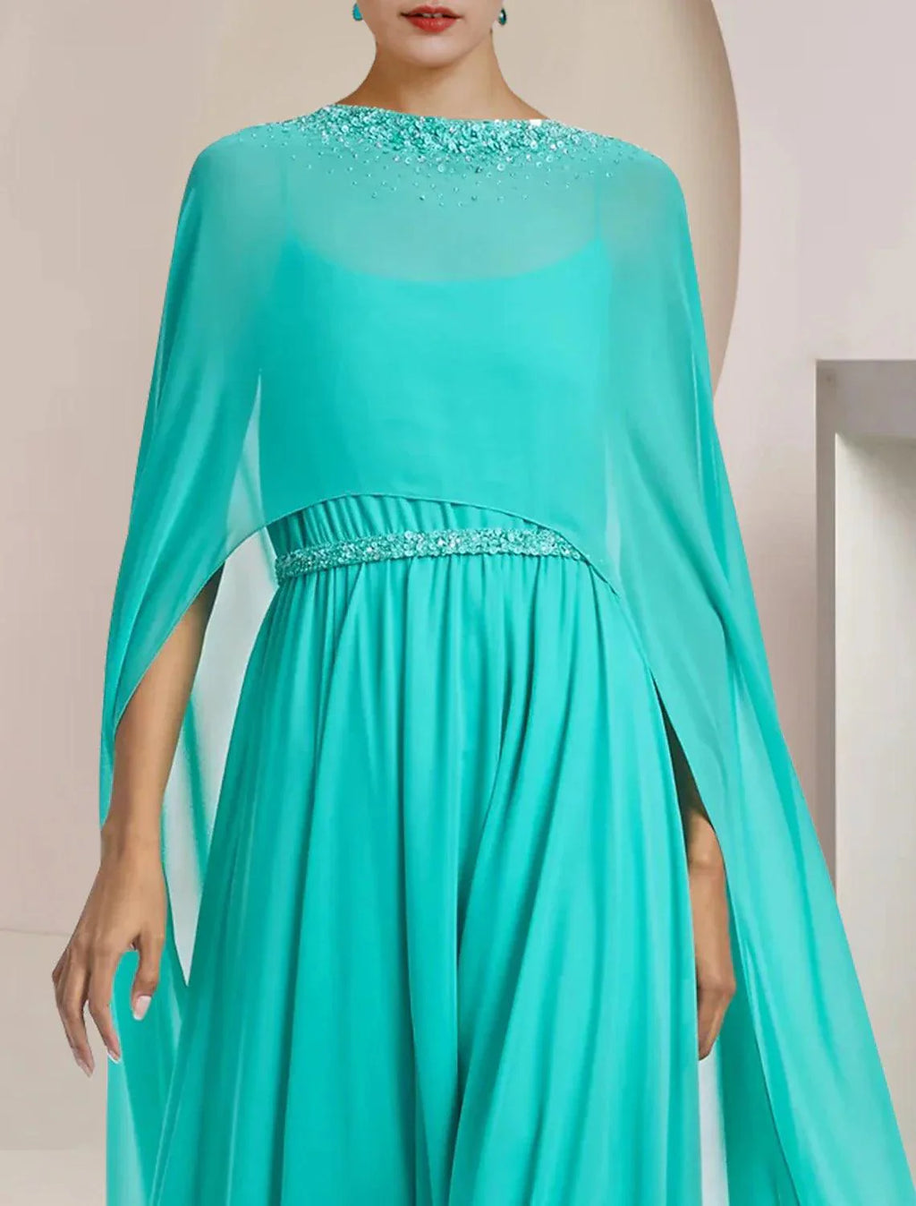 Macacão de duas peças, macacão/calças, vestido de cerimónia para mãe da noiva, convidada de casamento, elegante, decote redondo, comprimento chá, chiffon, sem mangas, com aplicações de missangas