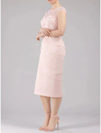 Vestido de festa tubinho/coluna para mãe da noiva, convidada de casamento, elegante, pequeno, decote redondo, comprimento chá, chiffon, manga 3/4 com renda