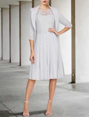 Zweiteiliges A-Linien-Kleid für die Brautmutter, elegantes V-Ausschnitt, knielanges Satin-Spitzen-Jackenkleid mit halben Ärmeln und Falten