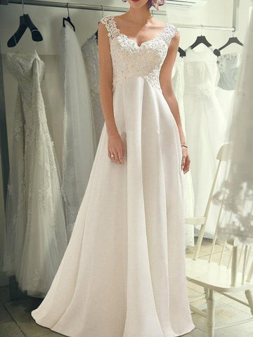 Empire-Linie Ärmellos Bodenlang V-Ausschnitt Spitze Chiffon Brautkleider