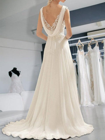 Empire-Linie Ärmellos Bodenlang V-Ausschnitt Spitze Chiffon Brautkleider