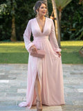 Abito per la Madre della Sposa Linea A/Principessa in Chiffon con Balze Scollatura a V Maniche Lunghe
