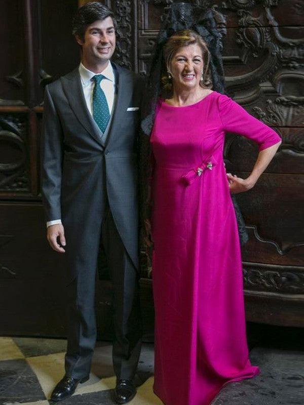 Vestidos de mãe da noiva com bainha/coluna, em cetim, com laço, decote redondo, mangas 1/2, compridos e com cauda
