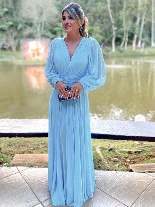 Mother of the Bride Dresses A-Line Princess Chiffon Ruffles V-neck Long Sleeves Floor-Length