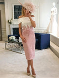 Abito da Sposa per la Madre della Sposa in Pizzo con Scollatura a Spalla Scoperta, Senza Maniche e Lunghezza Tè con Fodera/Colonna