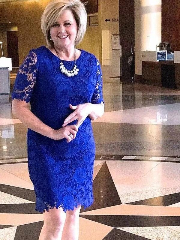 Vestidos curtos/mini para mãe da noiva, decote em V, mangas 1/2, com corte direito/coluna, em renda