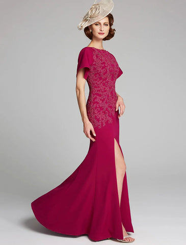 Meerjungfrau/Trompete Kleid für die Brautmutter, U-Boot-Ausschnitt, bodenlang, Chiffon, Spitze, kurze Ärmel mit Spitze, Schlitz vorne