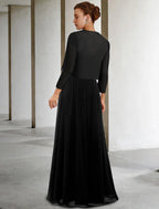 Zweiteiliges A-Linien-Kleid für die Brautmutter in Übergröße, elegant, V-Ausschnitt, bodenlang, Chiffon, Spitze, ärmellos, Wickelkleid inklusive Schärpe/Band, Falten, Applikationen