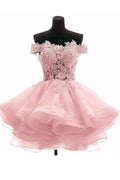Hübsches schulterfreies kurzes rosa Organza-Heimkehrkleid PD216