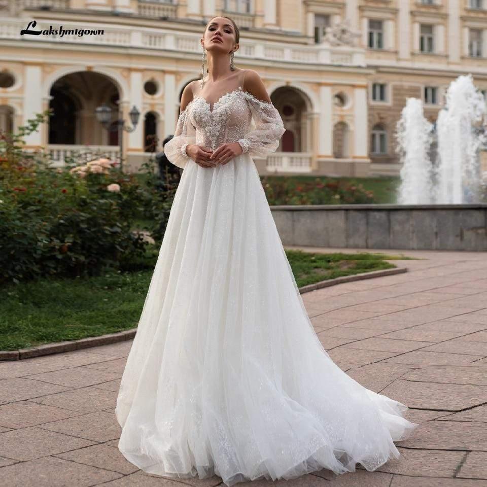 NumberSea Princess Boho Wedding Dress with Puffy Sleeves Beach Style