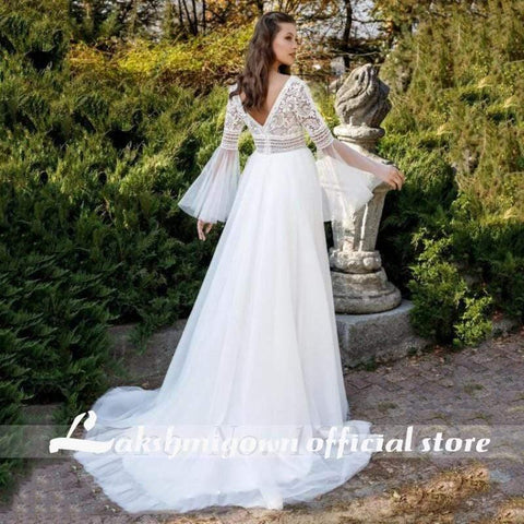 NumberSea Prinzessin Flare Ärmel Brautkleider V-Ausschnitt A-Linie Tüll