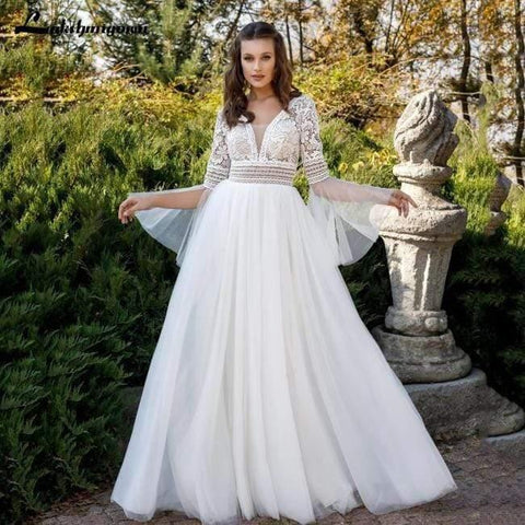 NumberSea Prinzessin Flare Ärmel Brautkleider V-Ausschnitt A-Linie Tüll