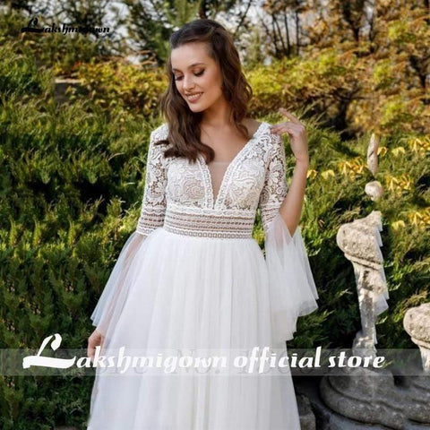 NumberSea Prinzessin Flare Ärmel Brautkleider V-Ausschnitt A-Linie Tüll