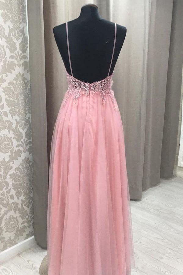 Vestido de festa comprido com contas de tule rosa e costas abertas, estilo princesa PSK085