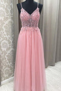 Abito lungo da ballo in tulle con perline rosa principessa e schiena aperto PSK085