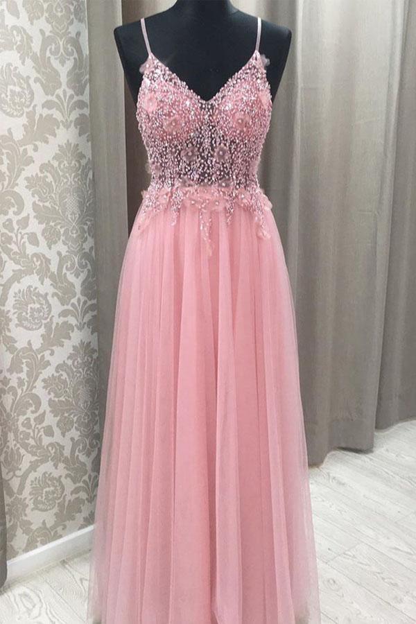 Vestido de festa comprido com contas de tule rosa e costas abertas, estilo princesa PSK085