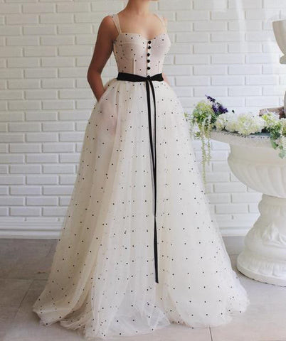 Princess White Tulle A-line Sweetheart Prom Dress With Sash PSK086