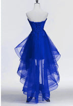Königsblaues Tüllkleid mit Spitzenapplikationen High-Low-Partykleid Blaues Homecoming-Kleid Y671
